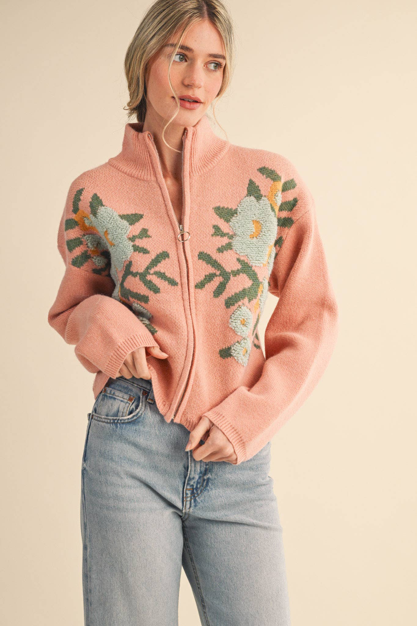 &MERCI - Wholesale Cardigan - Women's - FLORAL ZIP UP SWEATER CARDIGAN MSW1118811