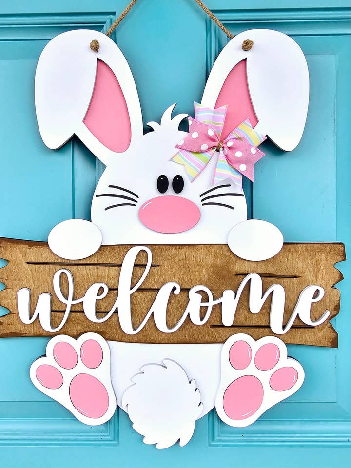 Pancarte de bienvenue DIY Lapin à suspendre à la porte pour la vente par Teal Moon Creations