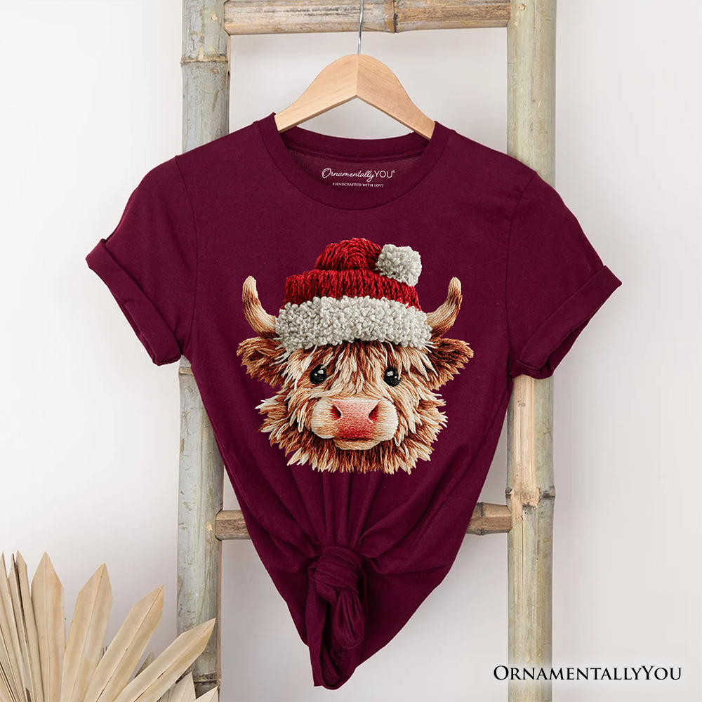 OrnamentallyYou - Wholesale T-Shirt (Graphic) - Women's - Highland Cow Santa Hat Christmas T-Shirt ,Cozy Tee2