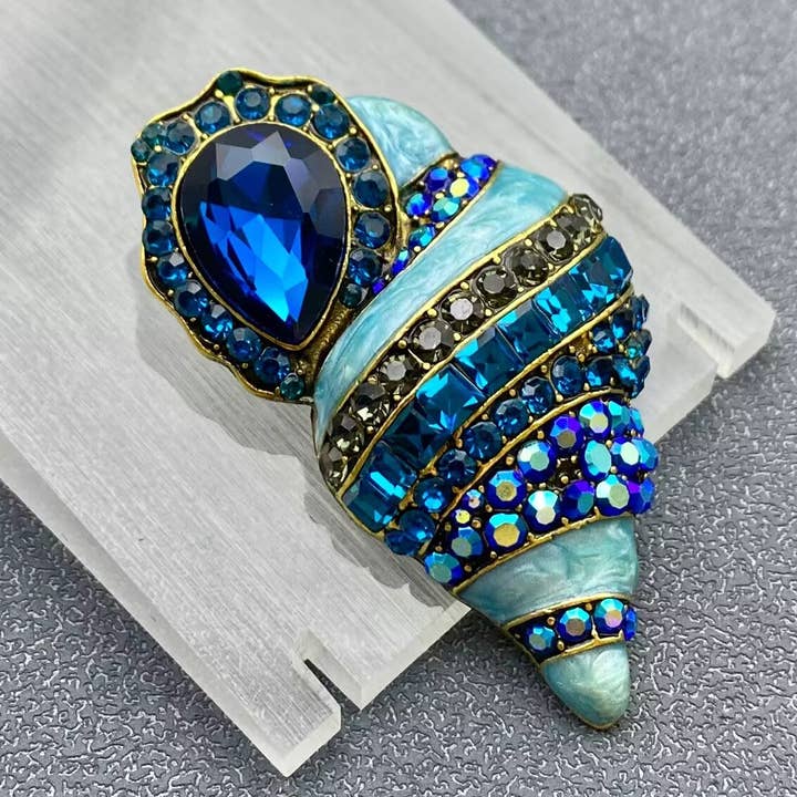 Blue Enamel Rhinestone Conch Brooch for wholesale by Mio Queena