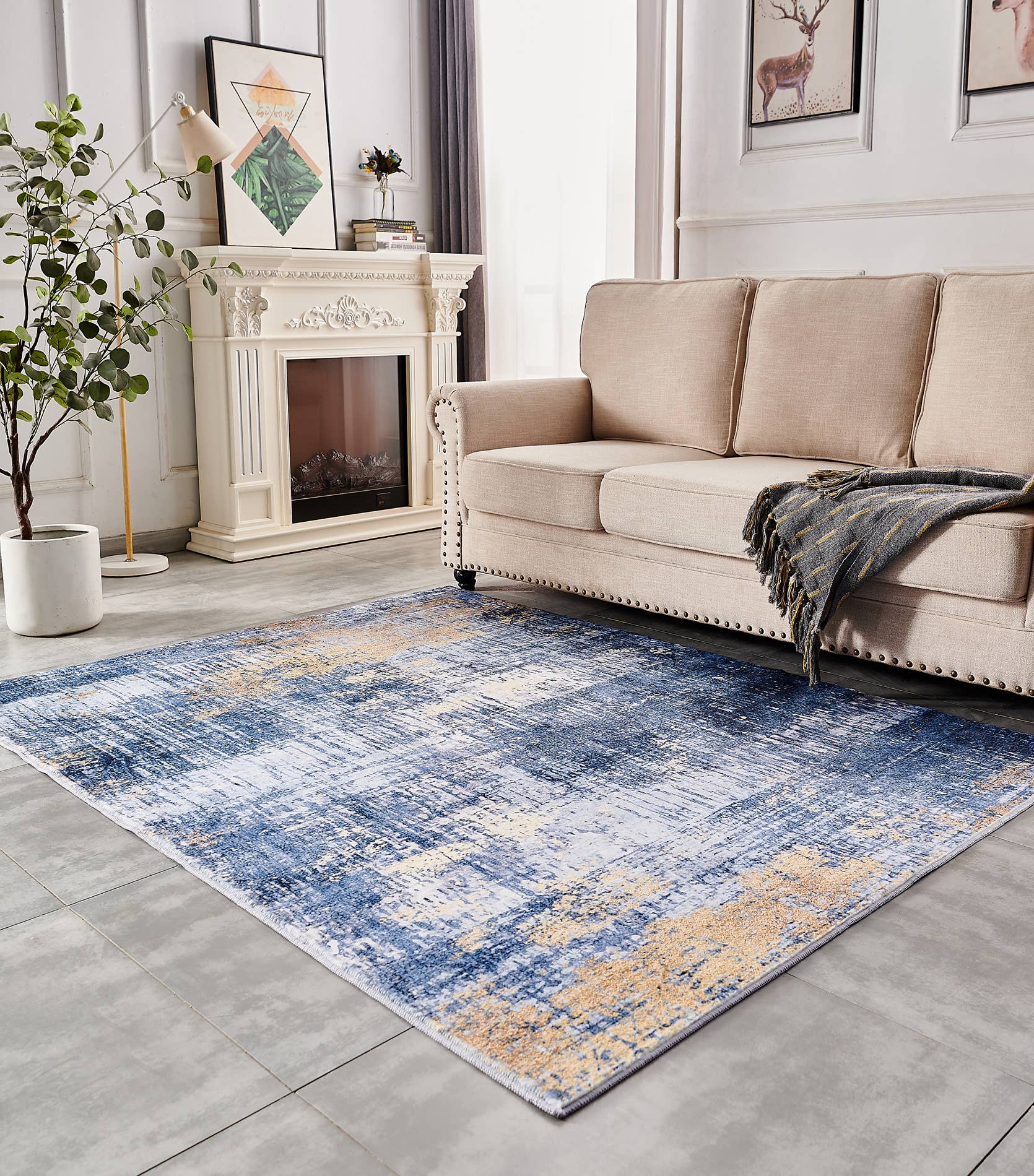 Amazing Rugs – Großhandel Teppichvorleger – Zara Abstract Design, maschinenwaschbarer Teppich in Blau und Gold10