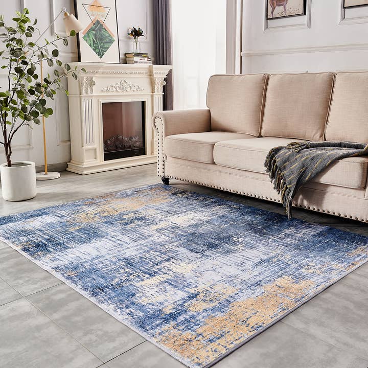Amazing Rugs – Großhandel Teppichvorleger – Zara Abstract Design, maschinenwaschbarer Teppich in Blau und Gold10