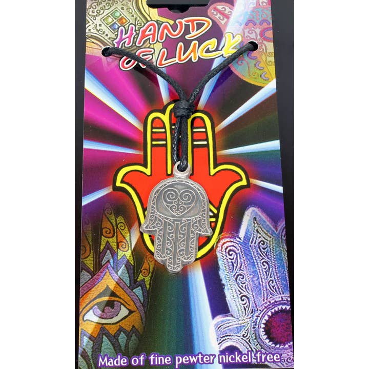 Pewter Hand van Fatima Symbool Zwarte Koord Ketting Op Kaart voor wholesale door Western Counties Wholesale