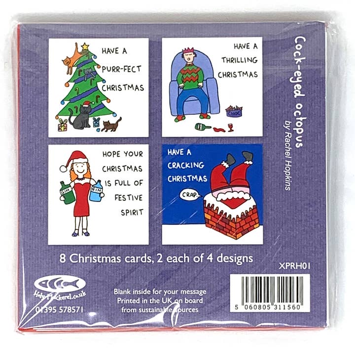 Christmas pack - 2 each of 4 cartoon cards for wholesale by Inky Blue Ltd t/a Holy Mackerel
