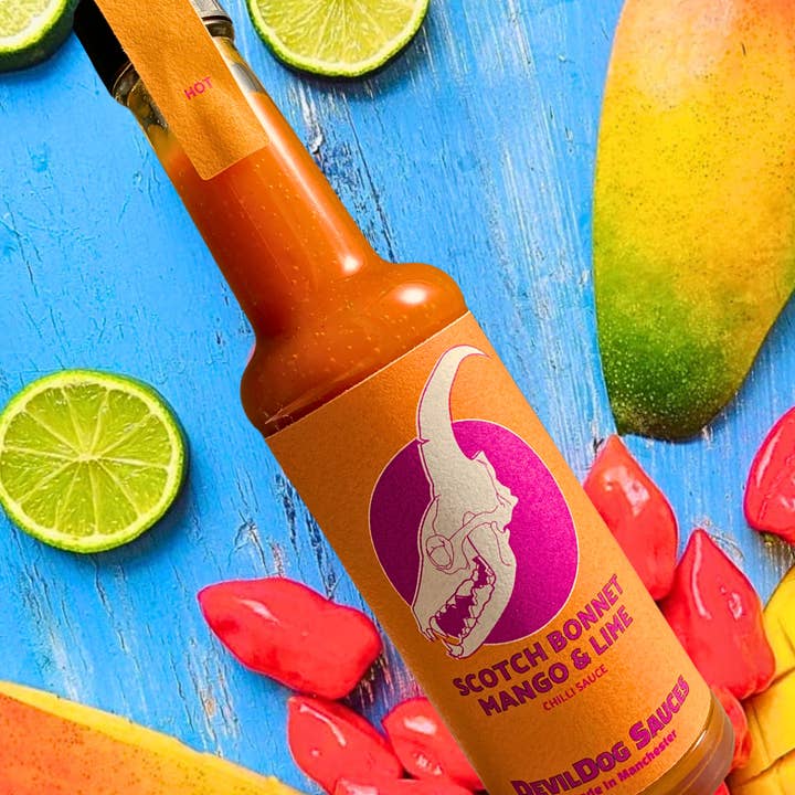 DevilDog Sauces - Vente Sauces piquantes - Scotch Bonnet, sauce au piment à la mangue et au citron vert 150 g (chaude)