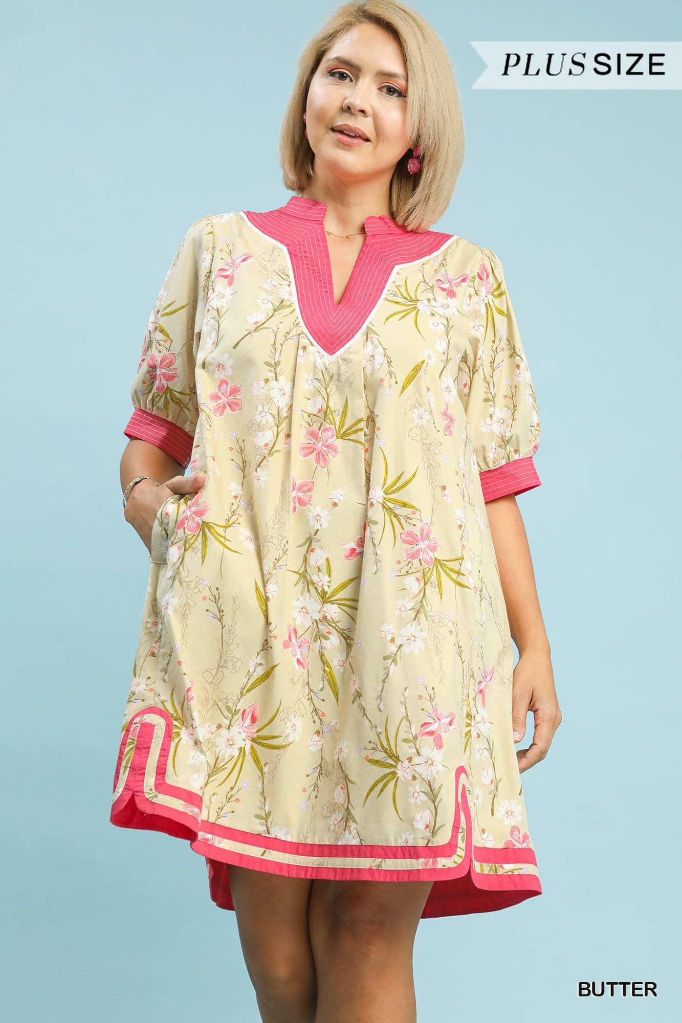 Purchased product: Plus Floral Puff Sleeve Dress With Contrast Trim