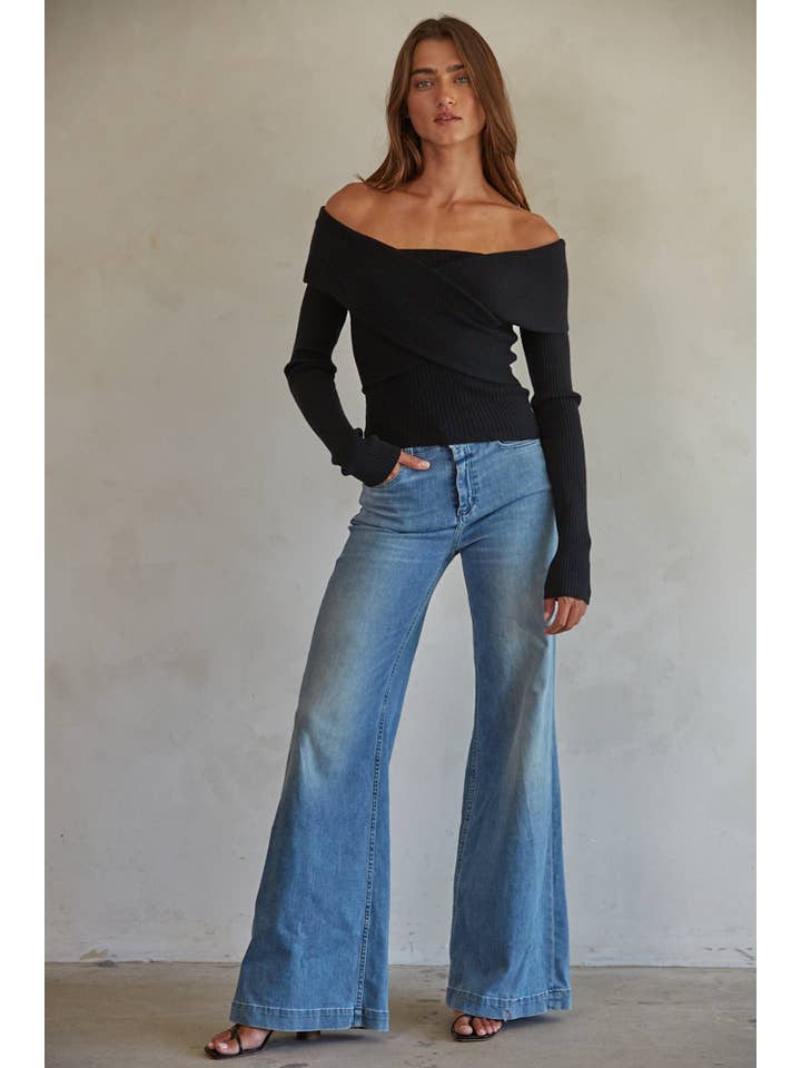 Black W1753 | Knit Sweater Off Shoulder Long Sleeve Top for wholesale on Faire