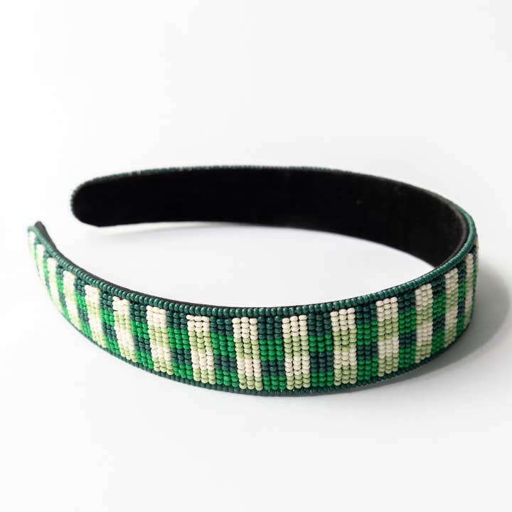 Stevie Gingham Beaded Headband Green for wholesale by INK + ALLOY