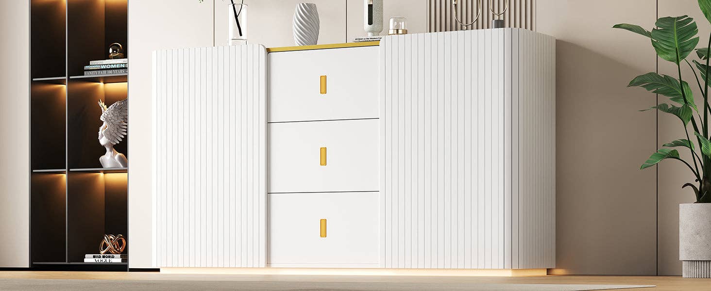 Urban Meuble – Aparador por atacado – Buffet branco elegante 2 portas, 2 gavetas com iluminação LED 150*35*80cm KRAUDREL19