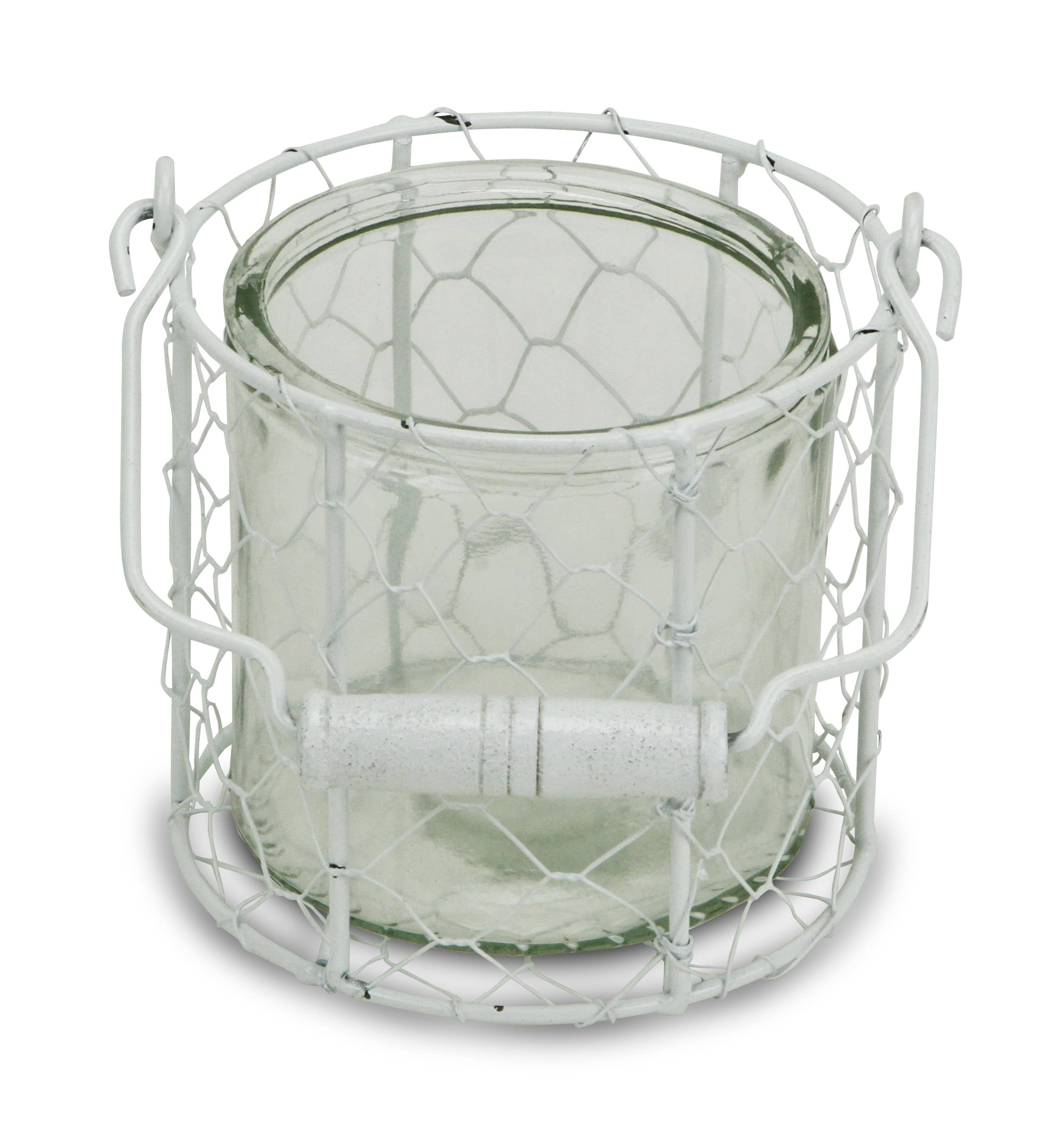 Cheungs Home Decor - Wholesale Decoratieve pot - Ronde glazen pot van Belen in witte draadmand6