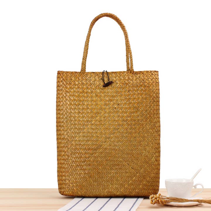 Superbia - Wholesale Tote Bag - Women's - Large Flat Vintage Tote Bag Straw Bag with Buttons Fastening