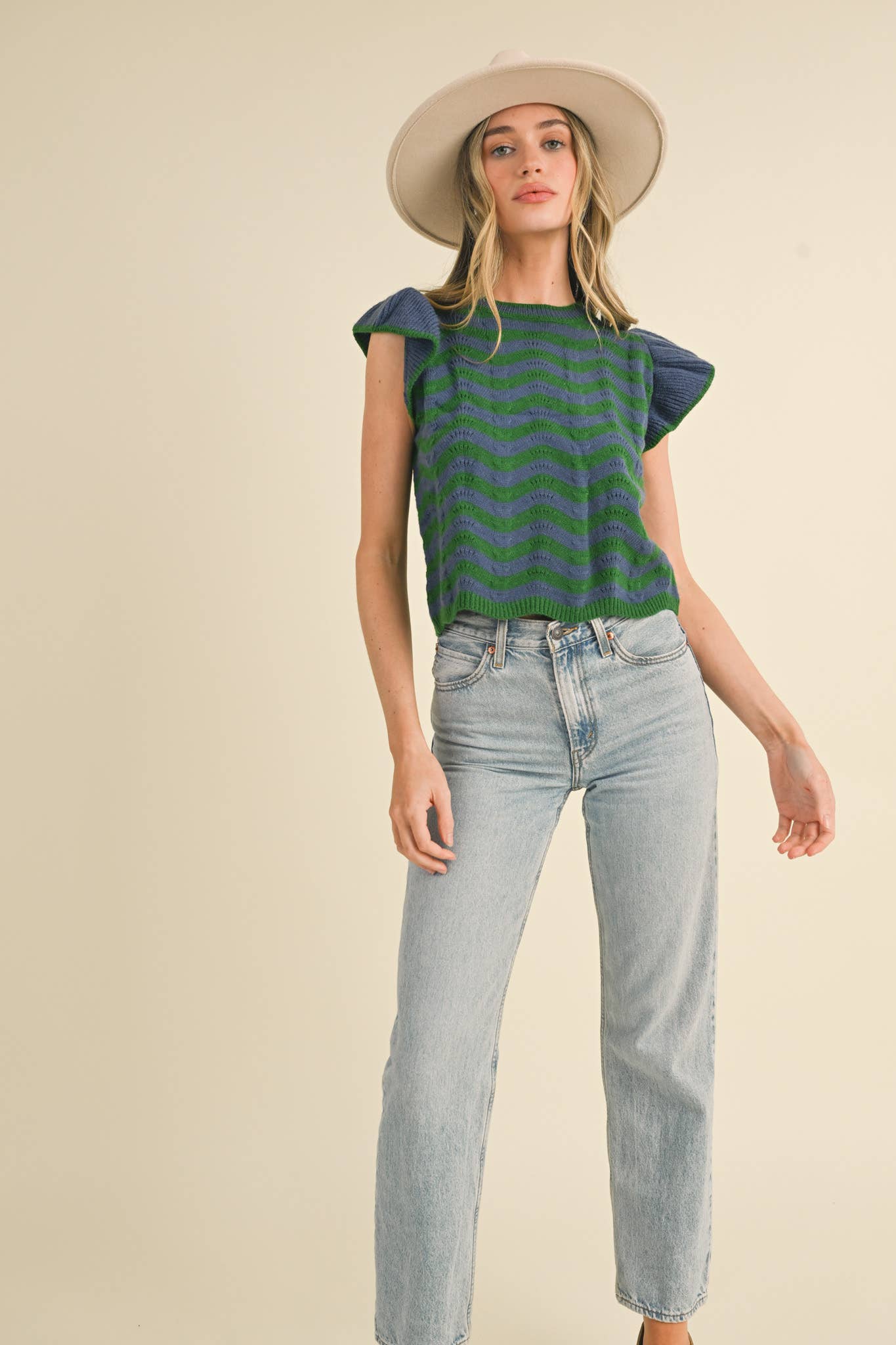 &MERCI - Wholesale Knit Sweater - Women's - WAVY STRIPES FLUTTER SLEEVE SWEATER TOP MSW1050982