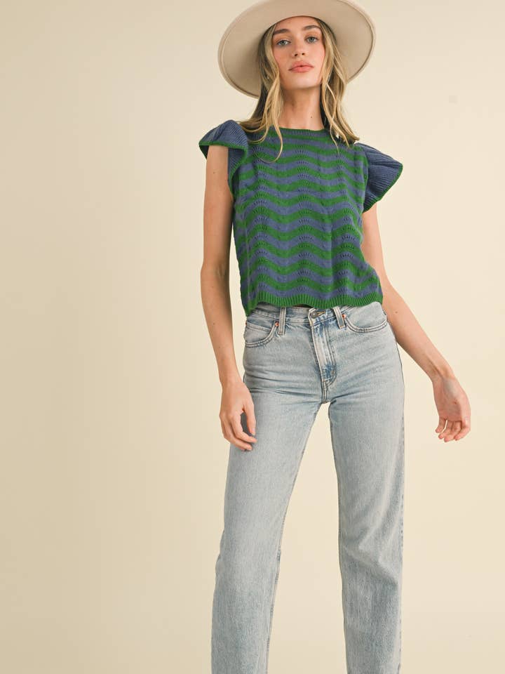 &MERCI - Wholesale Knit Sweater - Women's - WAVY STRIPES FLUTTER SLEEVE SWEATER TOP MSW1050982