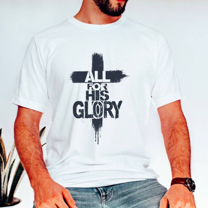 T-shirt graphique croix usée "All For His Glory" pour hommes - Foi pour la vente par Gia Gifts Boutique