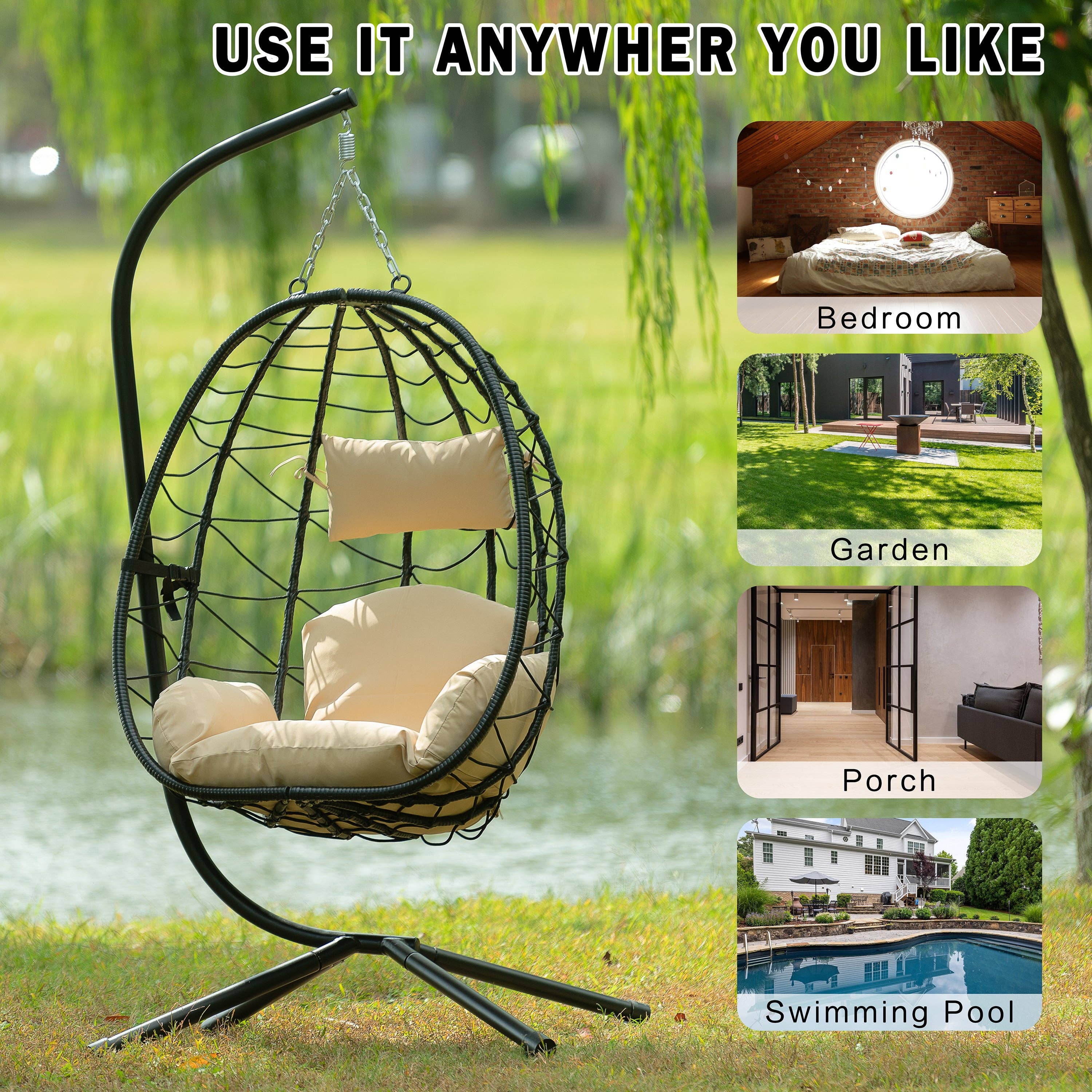 39F Inc. - Wholesale Egg Chair - Beige Wicker Hanging Egg Chair with Stand for Indoor Outdoor8