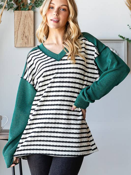 HEIMISH - Wholesale Blouse - Women's - ET7710-10 STRIPE AND SOLID URBAN RIBBED CONTRAST TOP