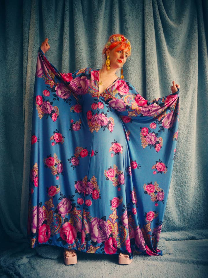 Floral Border Pink and Blue Flower Garden Kaftan Gown for wholesale by Fumbalinas