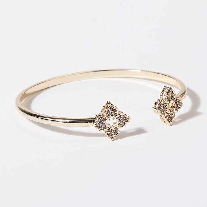 G CZ Four Leaf Clover Gold Plated Cuff Bangle for wholesale on Faire