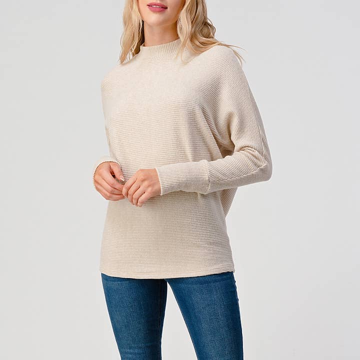 Heimious – Engroshandel Strikket top - Dame – Lang Dolman-ærmet ribstrikket top med mock-hals, T26156