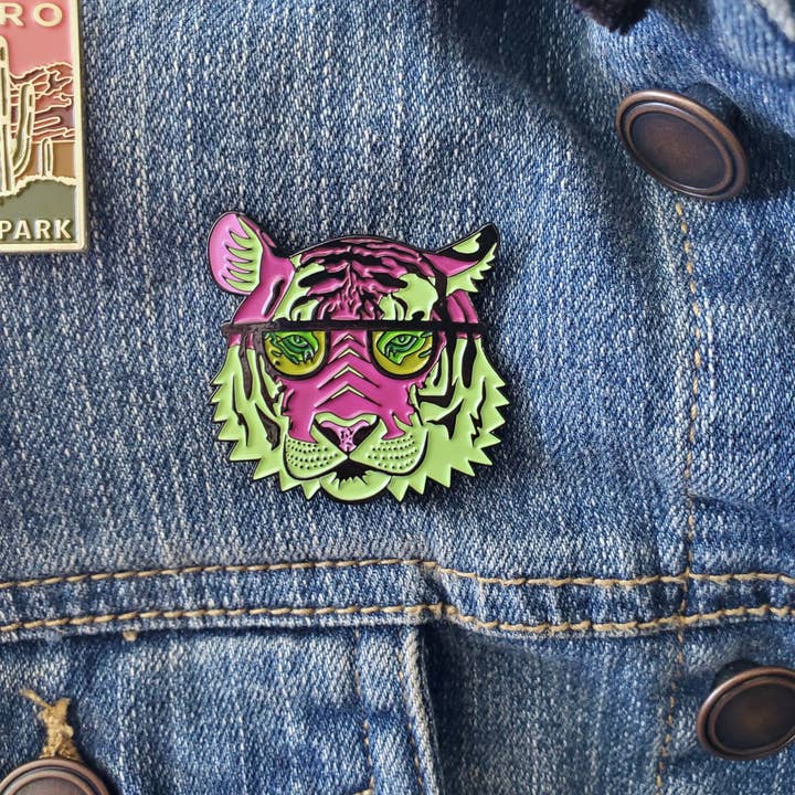 Brianna Gardocki Art - Wholesale Lapel Pin/Button - Pink and Blue Tiger Enamel Pin, Cool, Cat5