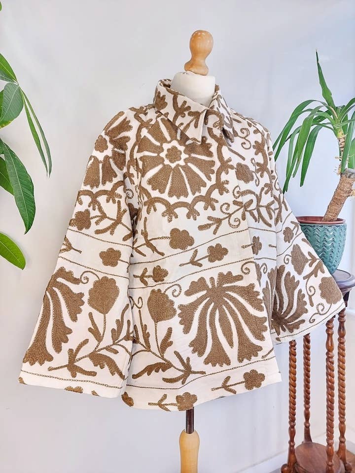 Suzani Hand Embroidered Short Jacket | Autumn Winter Boho Uzbek Kashmir Crewel | Christmas Special Gift | Classic Elegant White Sand Beige for wholesale by Essential Designs London
