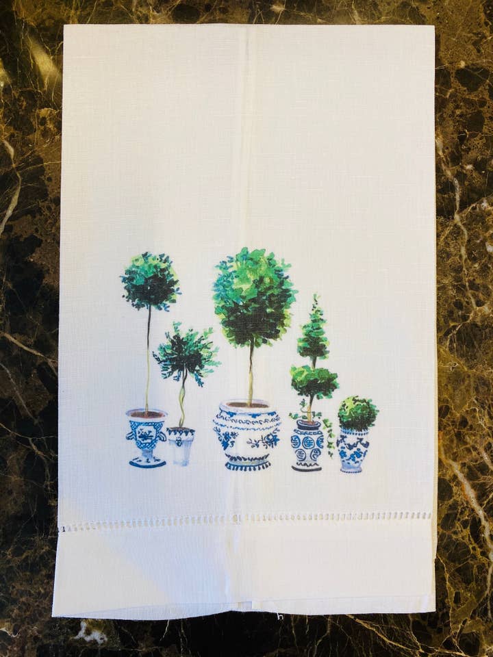 Set of Topiaries Linen Guest Towel, for wholesale by The French Bee & Co