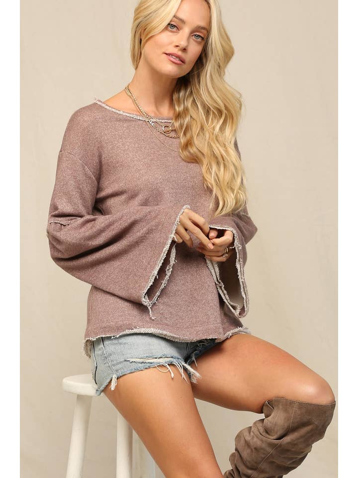 Mocha French Terry Oversized Bell Sleeve Tunic Top for wholesale on Faire