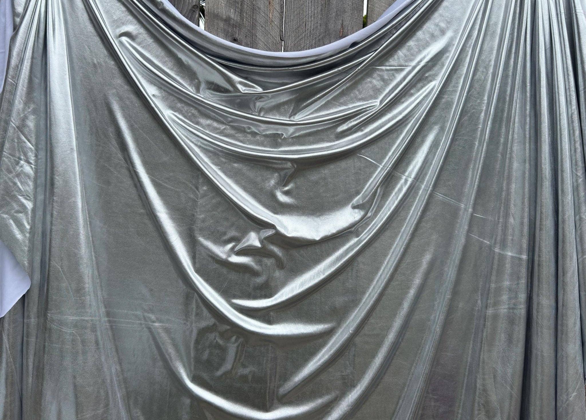 GalaTextile - Wholesale Fabric - Silver Spandex Lame Foil Fabric by Yard Super Stretch Metallic Lame All Over Foil on Stretch Knit for Dance Wear Costumes, Dresses, Leggings7