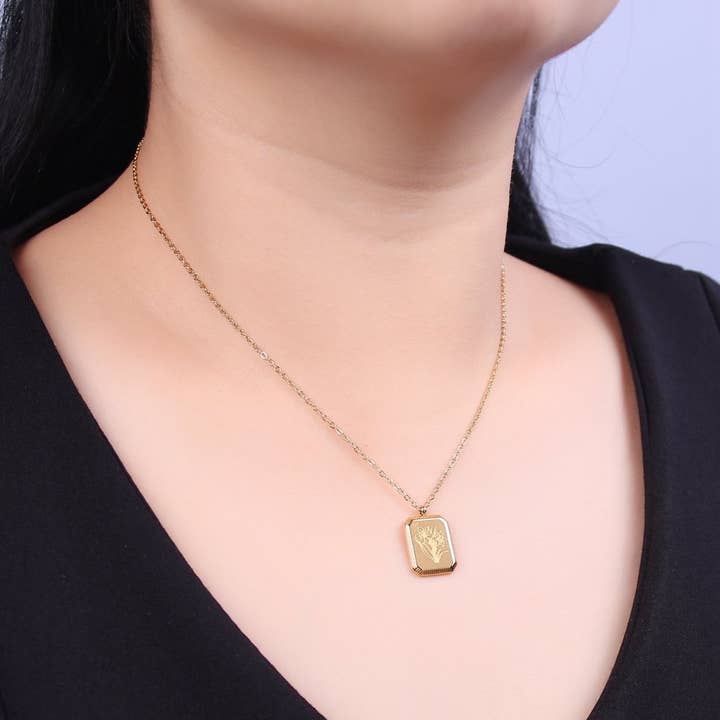 Aim Eternal - Wholesale Pendant/Charm Necklace - Gold Flower Tag Charm Engraved Floral Pendant Necklace with Cable Chain Necklace Wholesale Fashion Jewelry | WA-649 to WA-660 Clearance Pricing12
