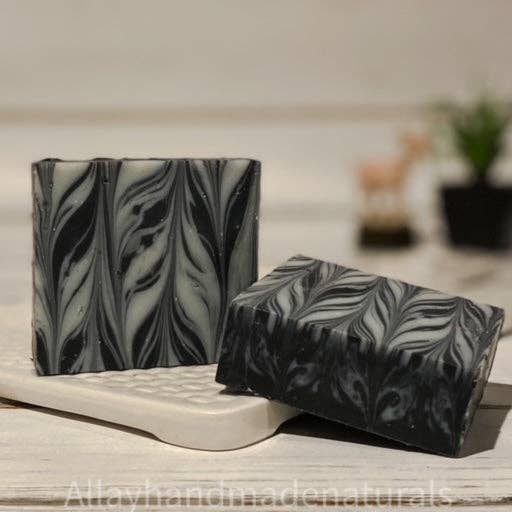 Charcoal Swirl Goat Milk Soap for wholesale by Allay Handmade Naturals