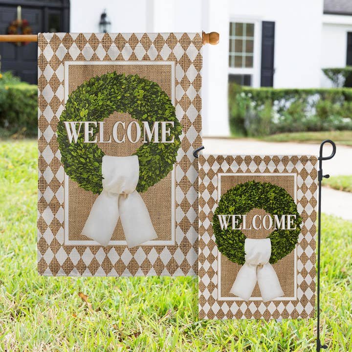 Flags - Welcome Diamond Jute Sash Boxwood Wreath for wholesale by Boutique Monogram