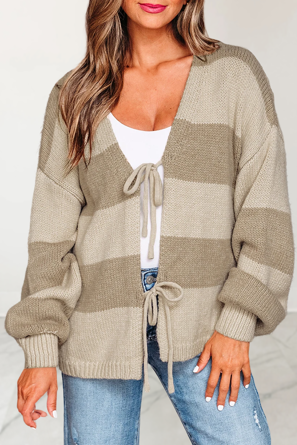 As shown Stripe Colorblock Knit Tie Front Sweater Cardigan | S-XL for wholesale on Faire2