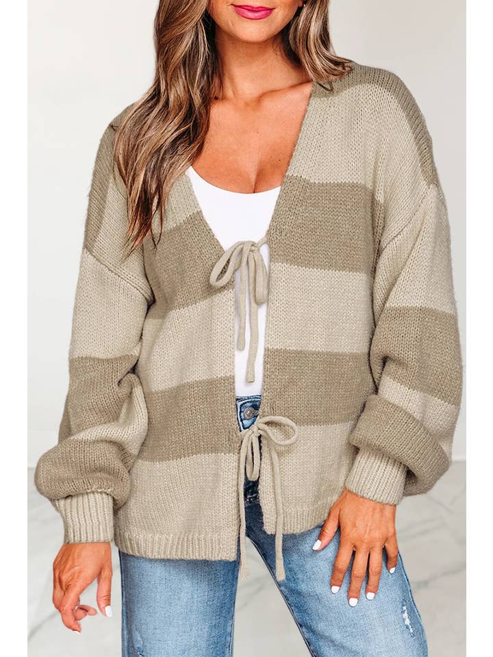 As shown Stripe Colorblock Knit Tie Front Sweater Cardigan | S-XL for wholesale on Faire2