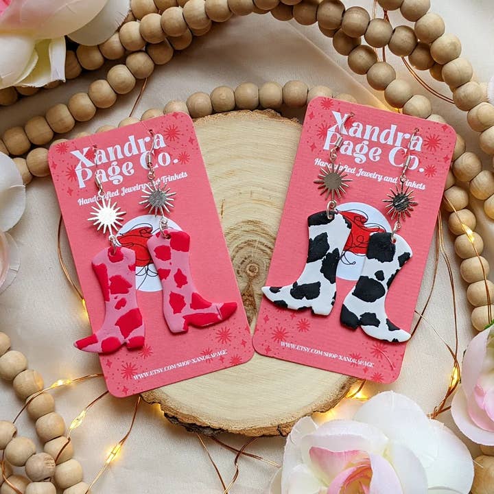 Xandra Page Co. - Wholesale Stud/Post Earrings - Cowboy Boot Earrings | Polymer Clay Cow print Pink & BW