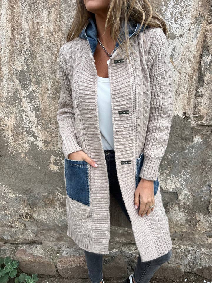 Rosa Clothing - Wholesale Cardigan - Women's - Vintage Style Denim Patchwork Hooded Knit Cardigan3