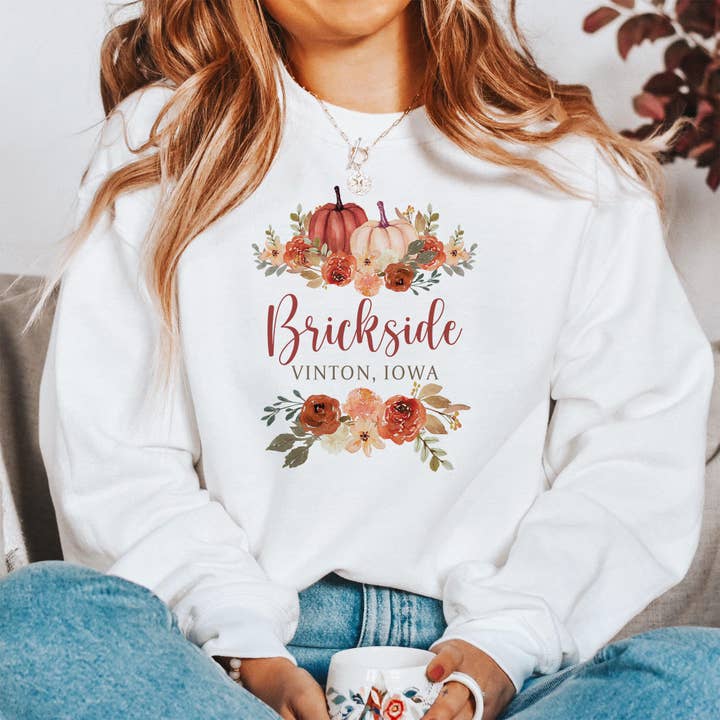 Gildan White Fall Harvest Sweatshirt Brickside Vinton Iowa for wholesale on Faire1