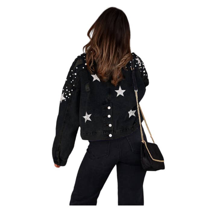 Mapcie - Wholesale Denim Jacket - Women's - STAR DETAIL RIPPED DENIM PEARL JACKET5