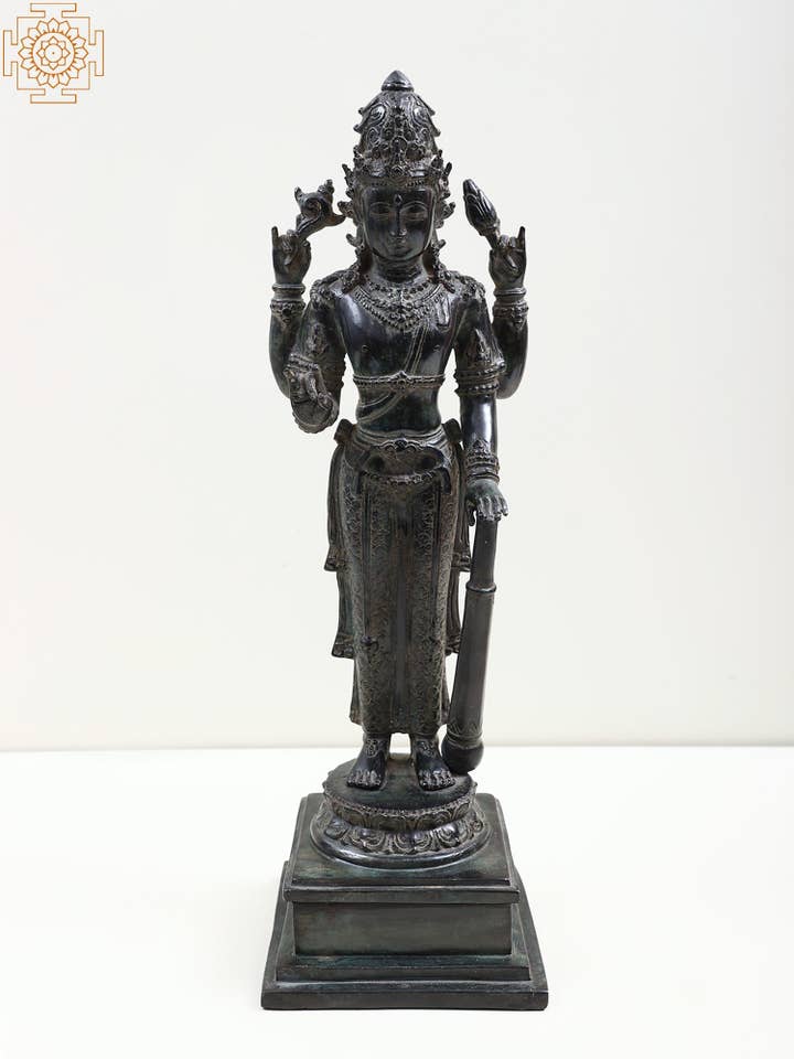 Lord Vishnu de bronce de 18 pulgadas de pie sobre un pedestal para venta al por mayor de Exotic India Art