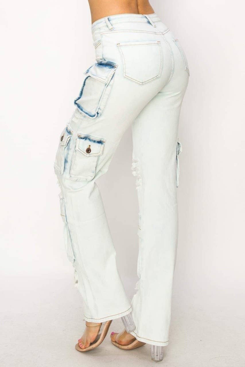 Bleu Clair Pantalon cargo en denim vieilli en vente sur Faire1