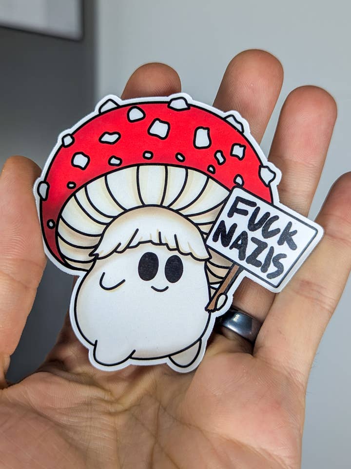 Fuck Nazis | Picketing Amanita Mushroom Magnet for wholesale by Mushroom Marauder