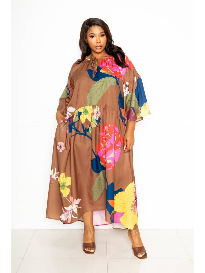 MULTI VESTIDO CAFTÁN ESTAMPADO CON LAZO EN LA PARTE DELANTERA de venta al por mayor en Faire1