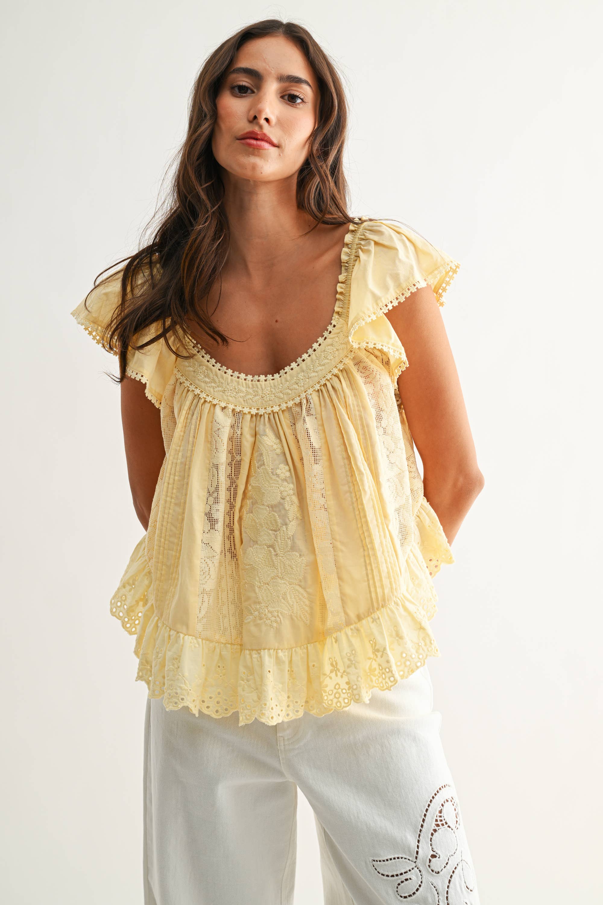 LT YELLOW CET26937 Sleeveless Lace Blouse with Embroidered for wholesale on Faire1