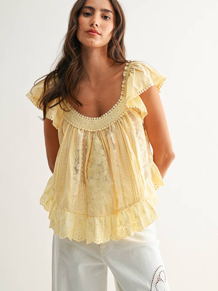 LT YELLOW CET26937 Sleeveless Lace Blouse with Embroidered for wholesale on Faire1