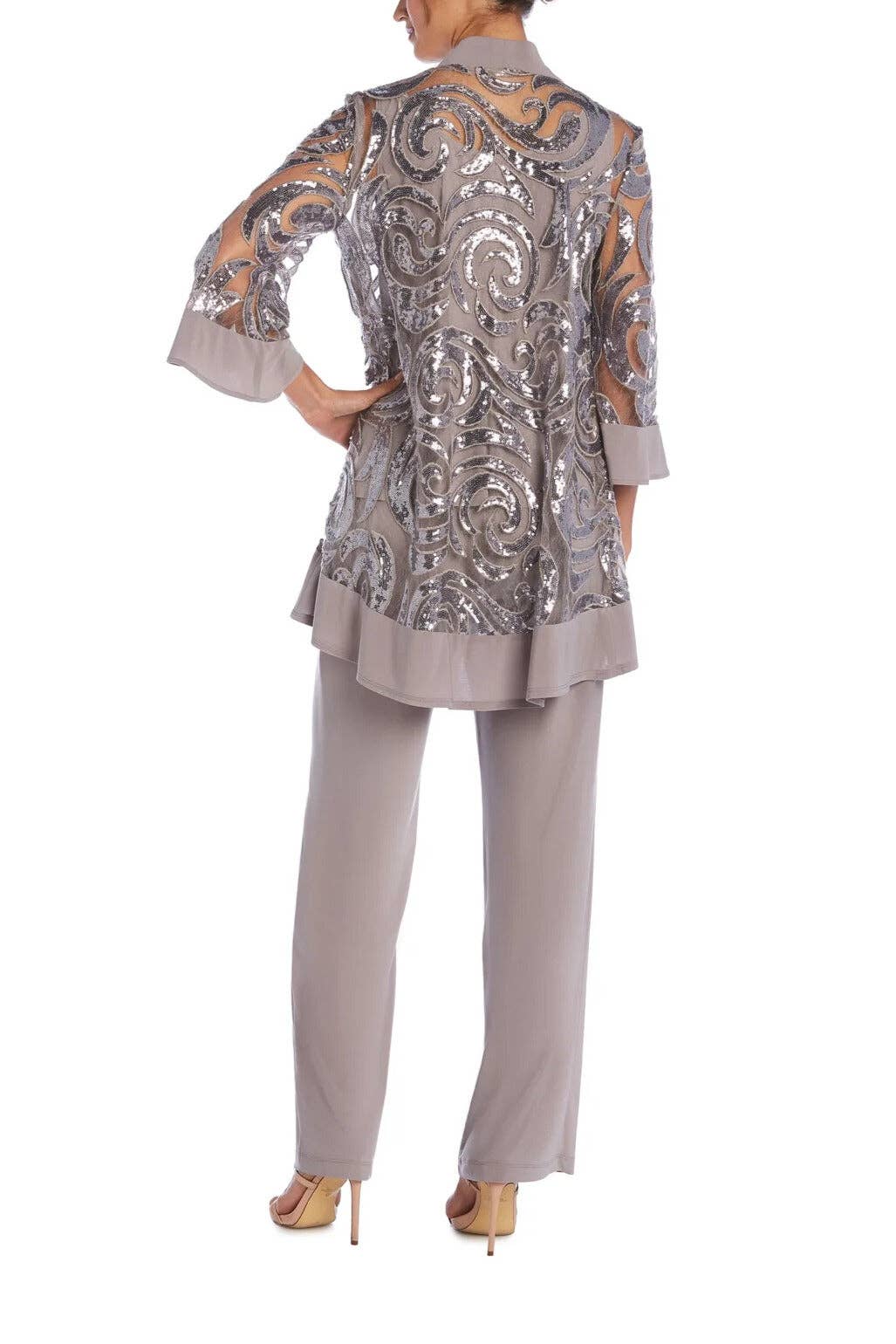 Immediate Apparel - Wholesale Suit Set - Women's - R&M Richards Scoop Neckline Top Sequin Jacket Straight Hemline Pant Suit Set Dress with Detachable Necklace2
