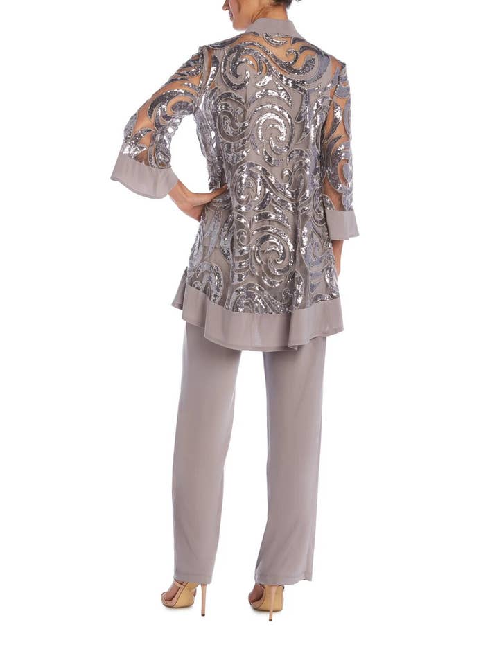 Immediate Apparel - Wholesale Suit Set - Women's - R&M Richards Scoop Neckline Top Sequin Jacket Straight Hemline Pant Suit Set Dress with Detachable Necklace2