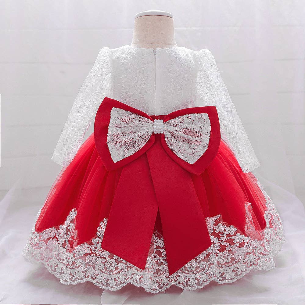 MyKids-USA® - Wholesale Dress - Baby - Baby Girl Bow Patched Design Long Sleeves Full Moon Christening Mesh Formal Dress6