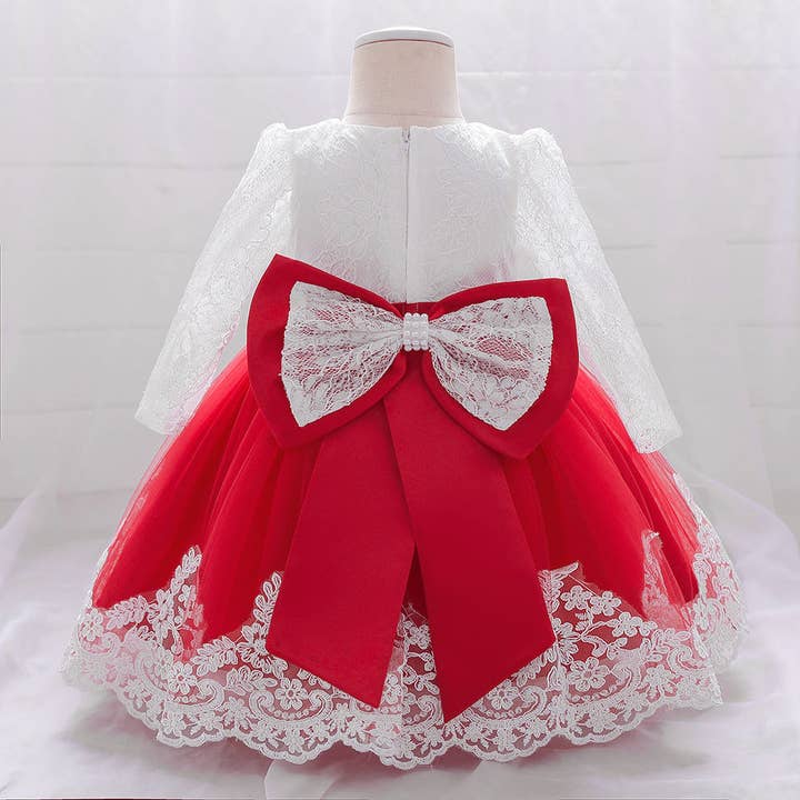 MyKids-USA® - Wholesale Dress - Baby - Baby Girl Bow Patched Design Long Sleeves Full Moon Christening Mesh Formal Dress6