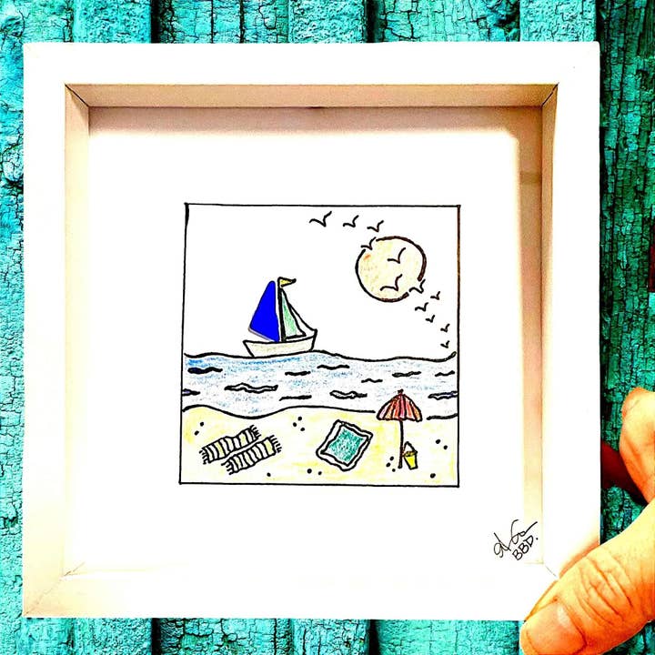 Sailboat Beach MINI - Sea Glass Art - 6x6 Framed for wholesale by Back Bay Designs