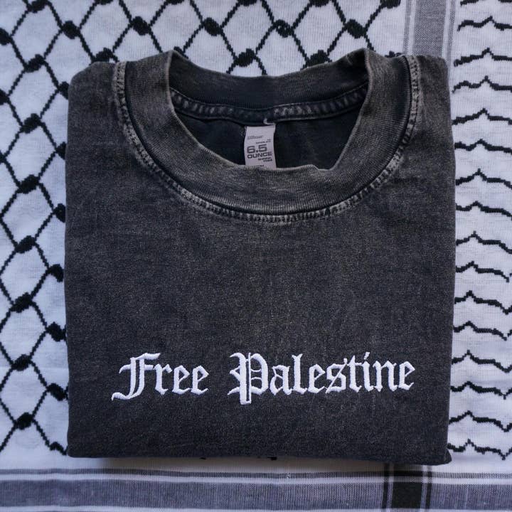 Camisola de Algodão Pesado Bordada "Free Palestine" por atacado de Stitch4pali
