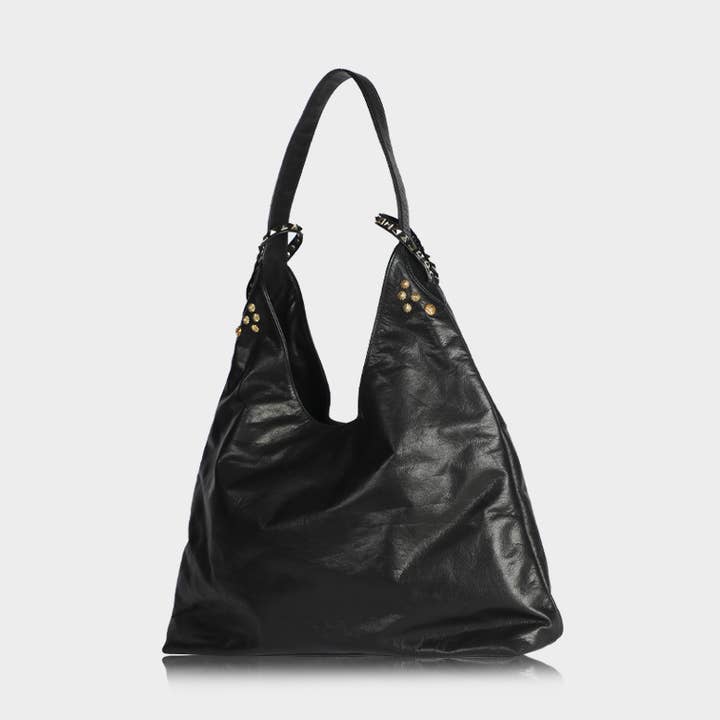 Studded Top-Grain Leather Hobo Bag-Black for wholesale by WANACCESSORY